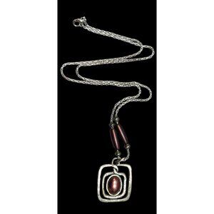 Brutalist Abstract Silver Tone Pendant Necklace With Burgundy Metallic Accents